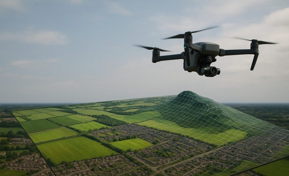 Mapping drone flying over surveyed terrain
